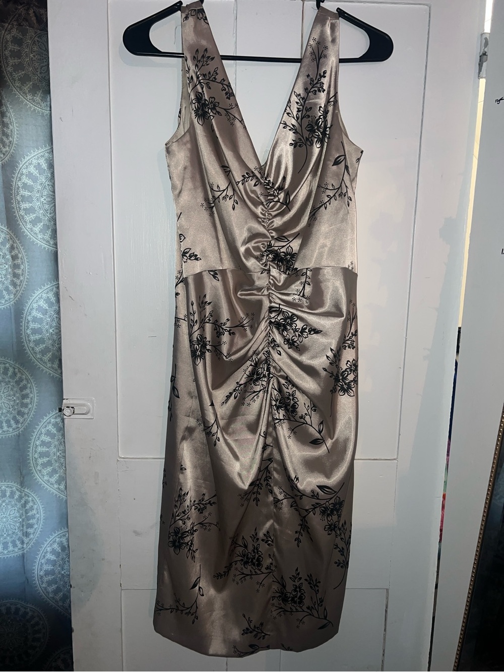 le chateau Champagne Satin Midi Dress with Black Floral Print